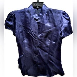 Yaly navy blue stretch silk stand collar blouse XS